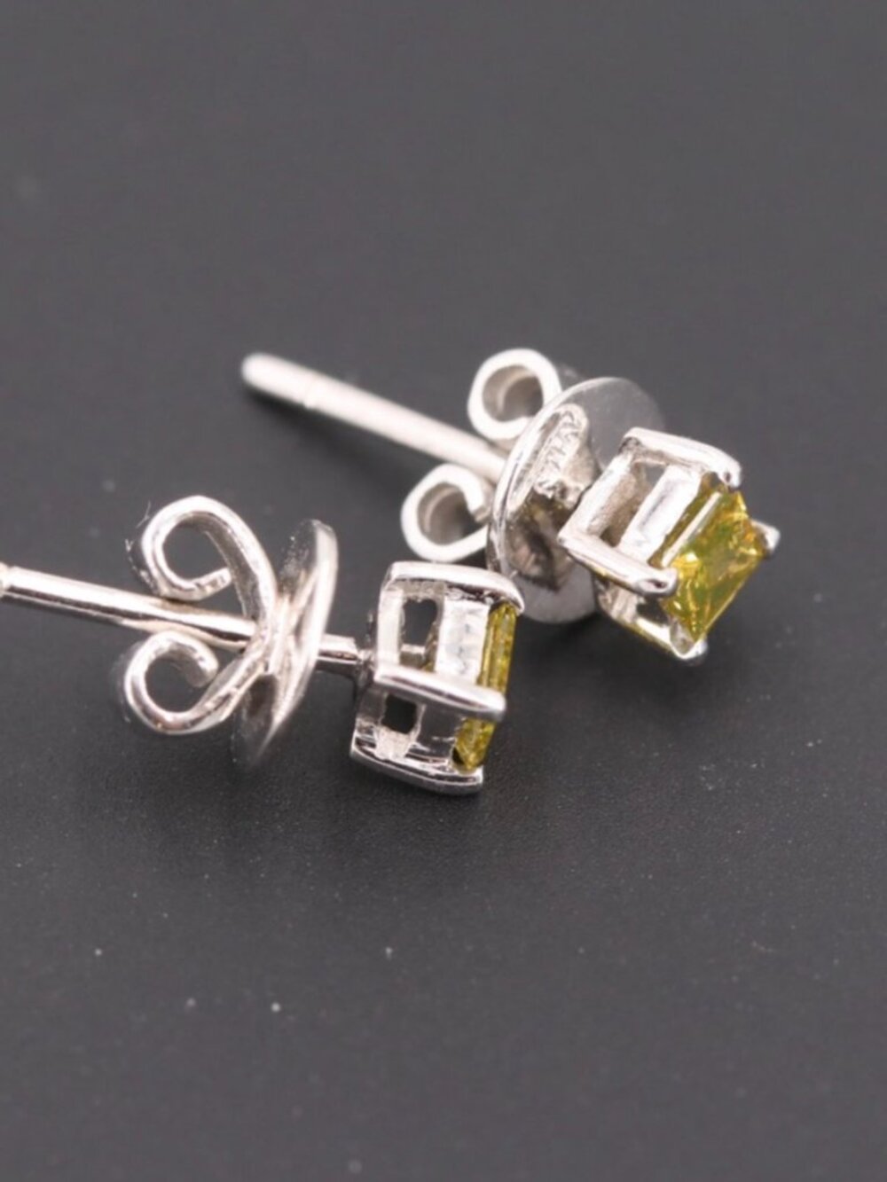 14K WHITE GOLD PRINCESS CUT IRRADIATED YELLOW DIAMOND CLUTCH BACK STUD EARRINGS - Picture 5 of 7